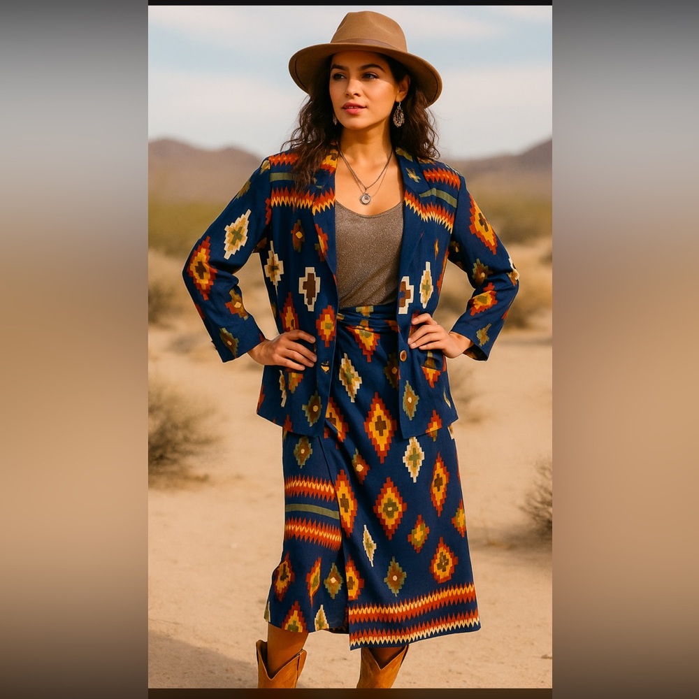 Vintage  by Mail 2-Piece Set Aztec Southwestern Print Blazer Skirt  Made in USA
